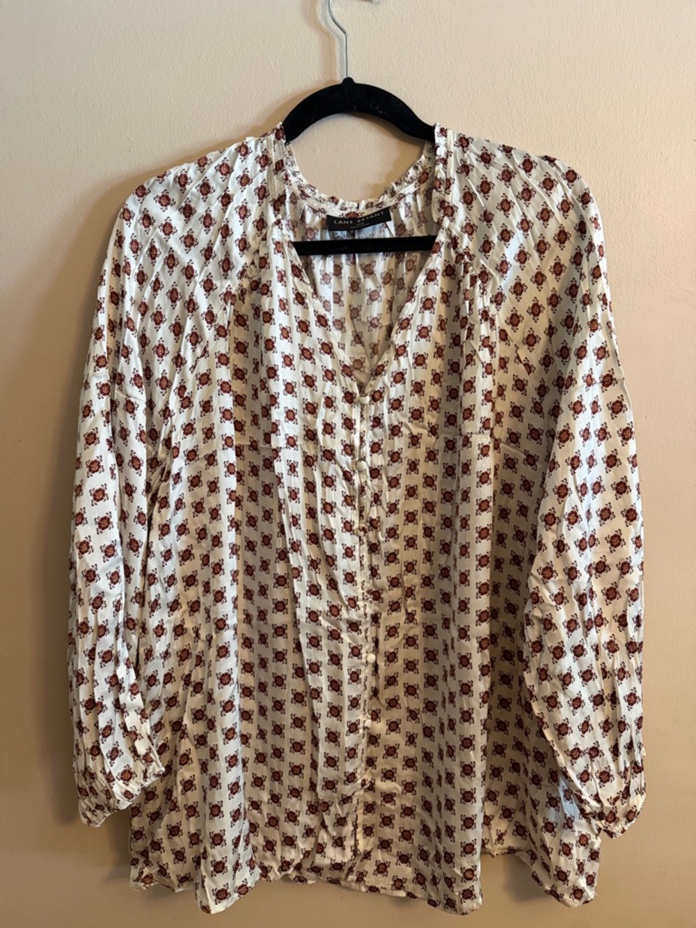 Lane Bryant Cream Blouse with Brown Floral Motif